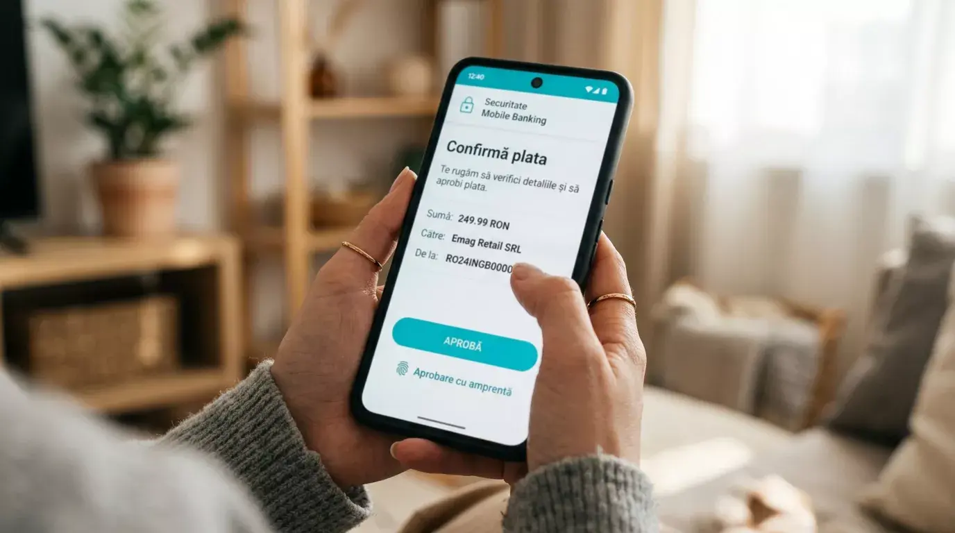 Telefon mobil cu notificare de autentificare 3D Secure de la bancă, ținut în mână