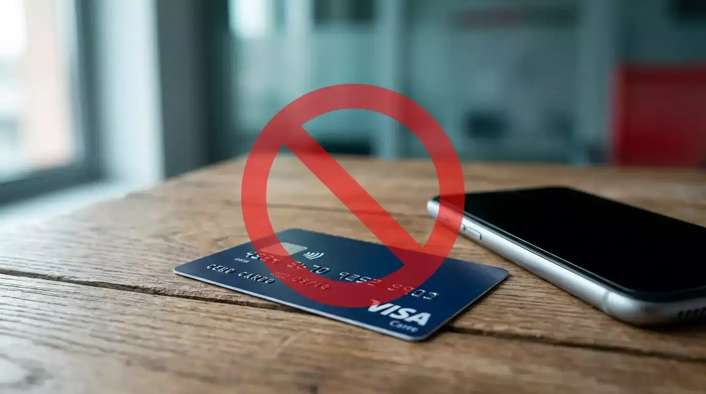 Card Visa cu pictogramă de interdicție pe fundal cu logouri ale operatorilor de pariuri