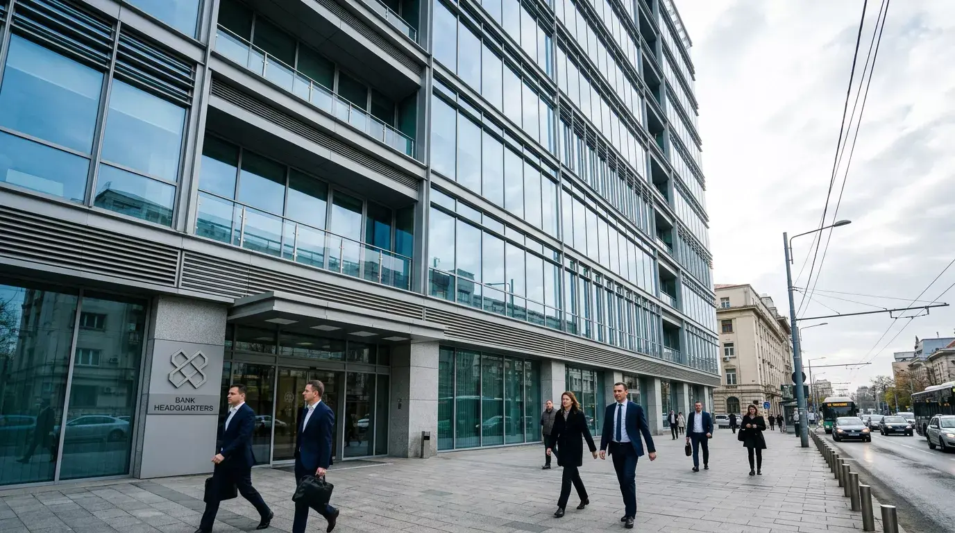 Sediu modern de bancă din București cu logo-uri ale băncilor mari din România