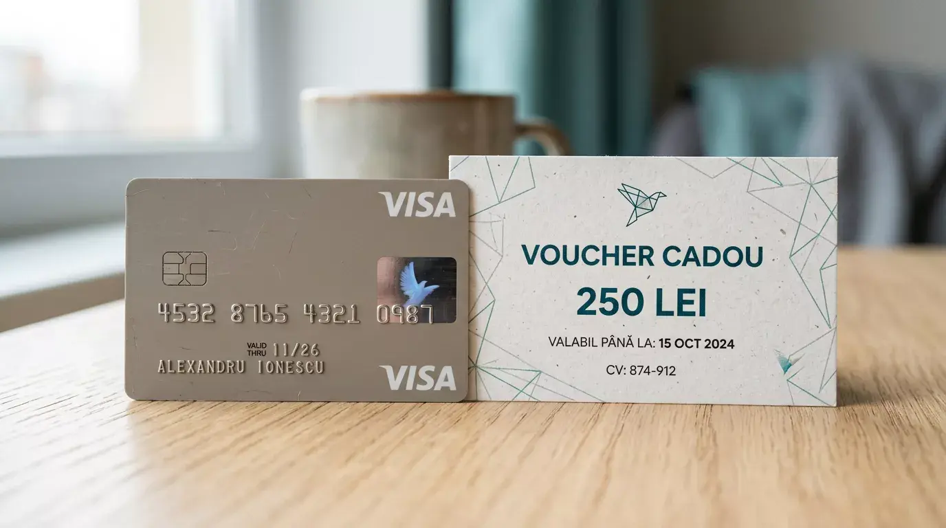 Card prepaid Visa lângă un voucher de încărcare