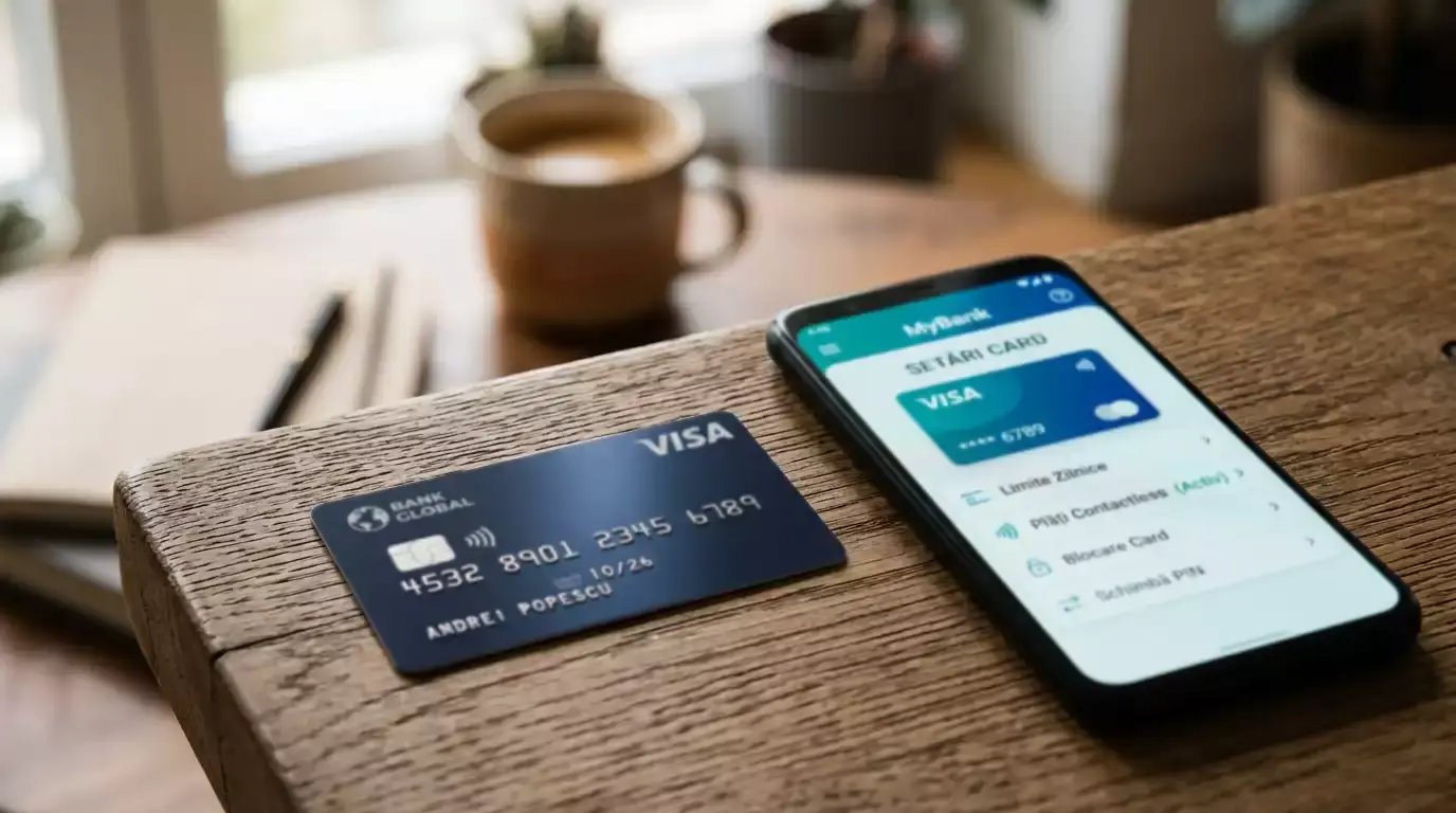 Card Visa BCR pe ecranul aplicației George cu setările de tranzacții deschise