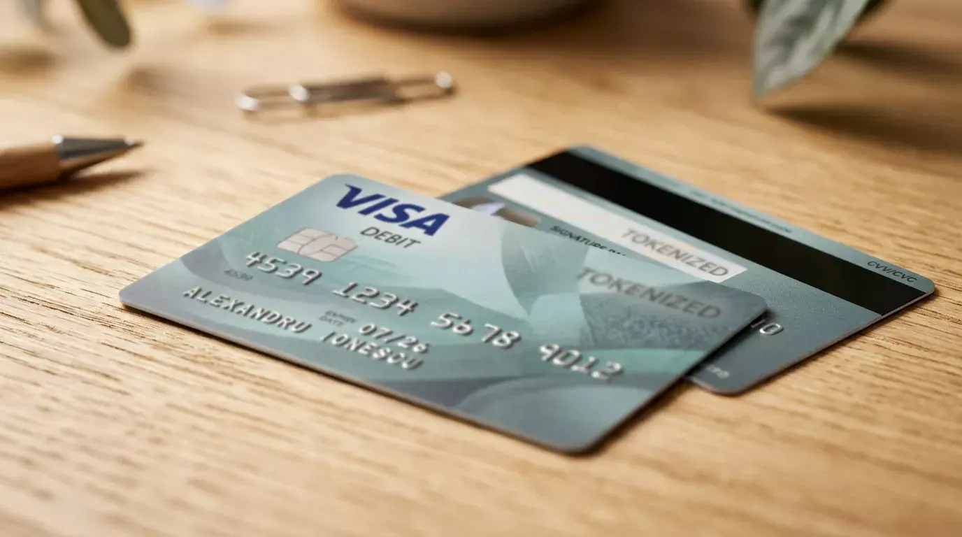 Card Visa cu locul CVV2 acoperit, simbolizând tokenizarea modernă