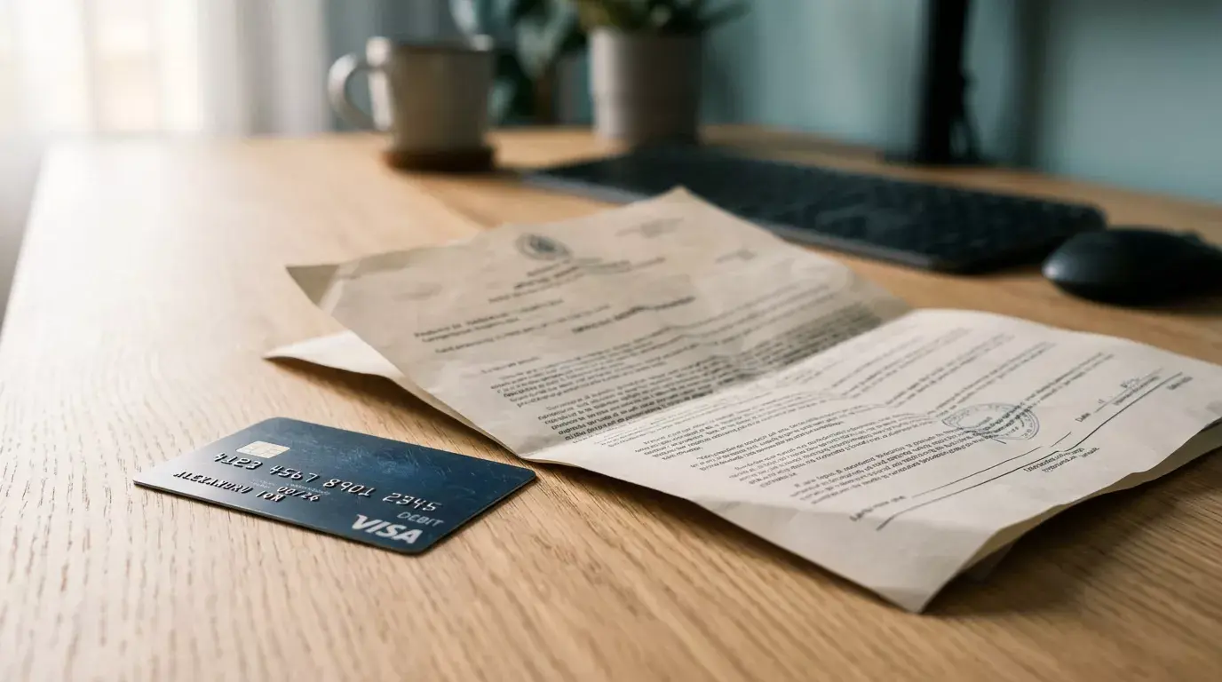 Document de dispute Visa cu pictograma de chargeback și un card pe fundal