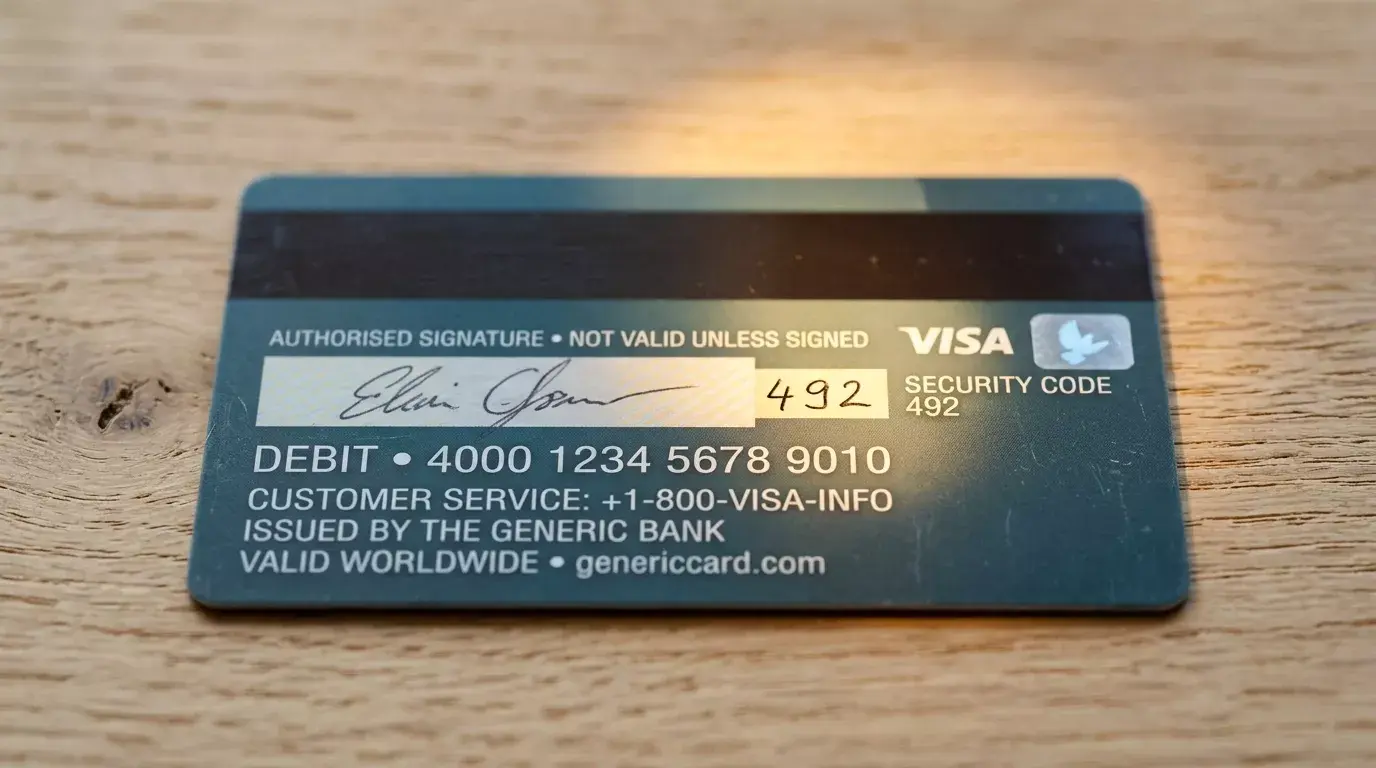 Spatele unui card Visa cu codul CVV2 evidențiat