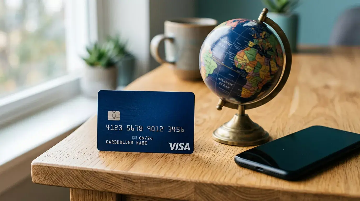 Calcul vizual al conversiei euro-leu cu mark-up-uri Visa și bancă pe un fundal cu monede internaționale