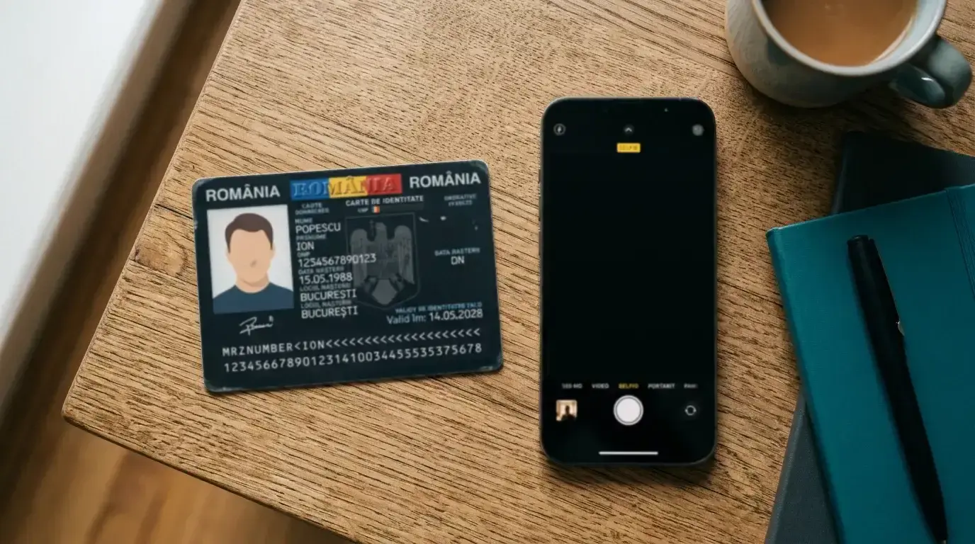 Buletin de identitate alături de un selfie cu document, simbolizând validarea KYC