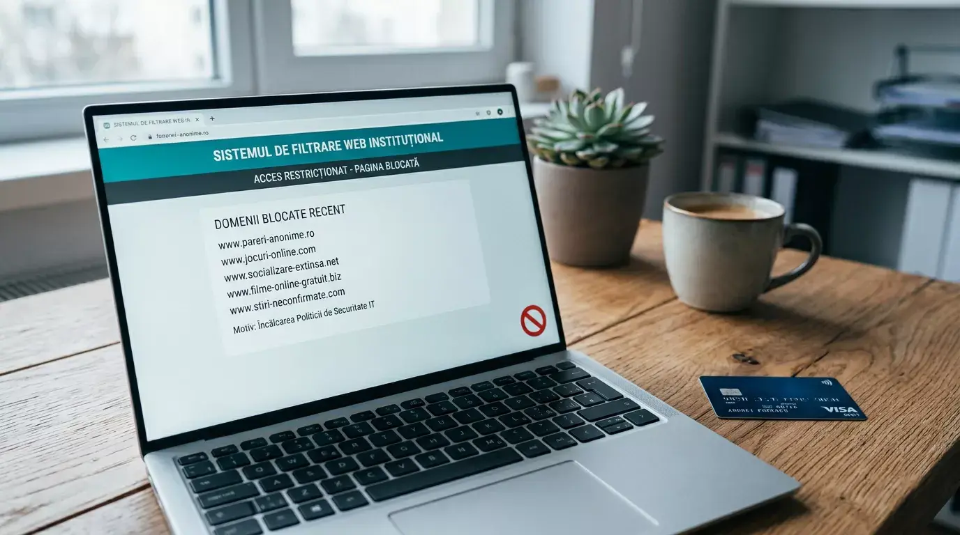 Pictogramă de avertizare peste o listă de domenii blocate de ONJN