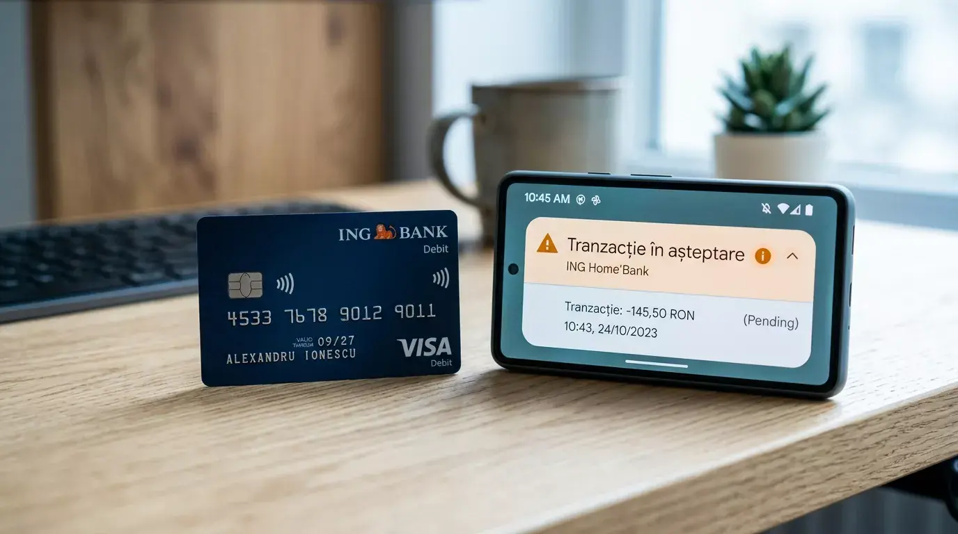 Notificare de retragere blocată pe ecranul telefonului cu un card Visa alături