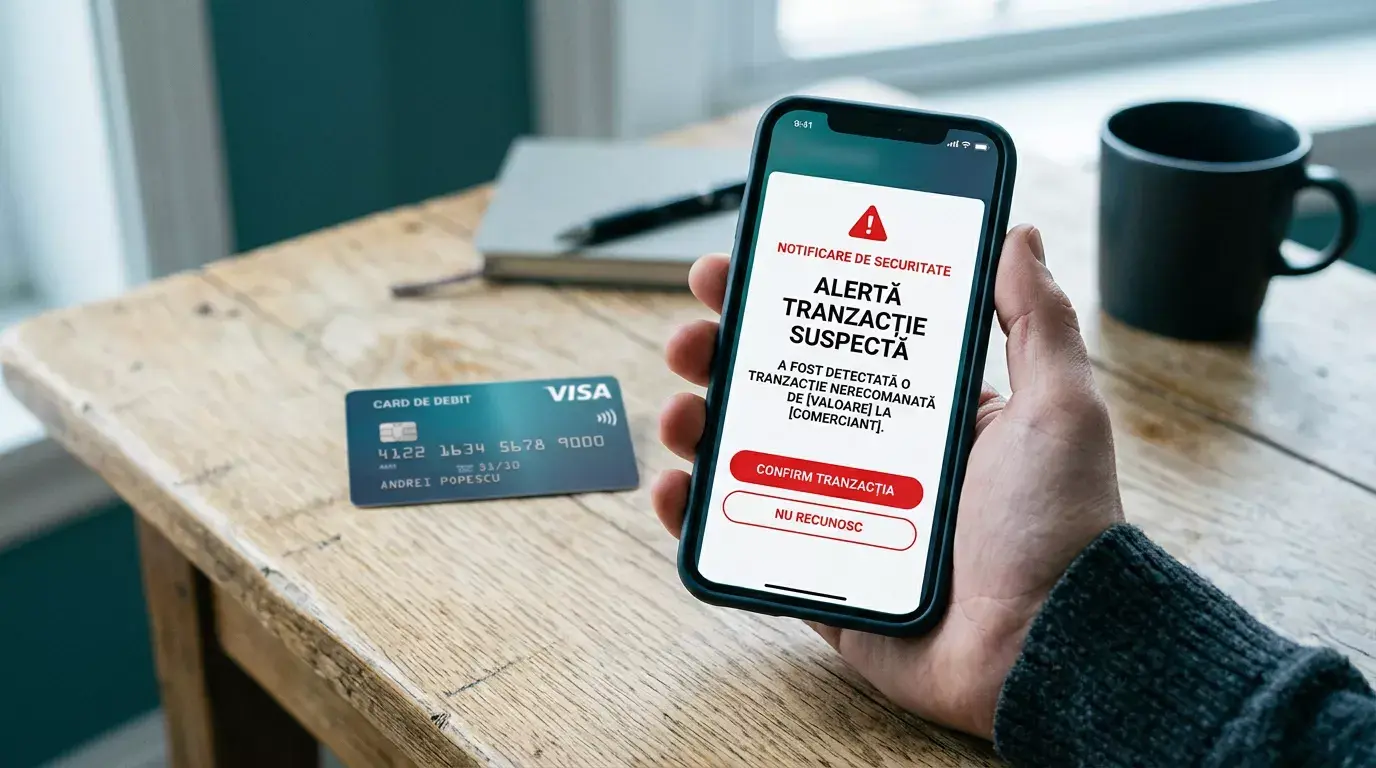 Notificare bancară de tranzacție suspectă pe ecranul telefonului cu un card Visa