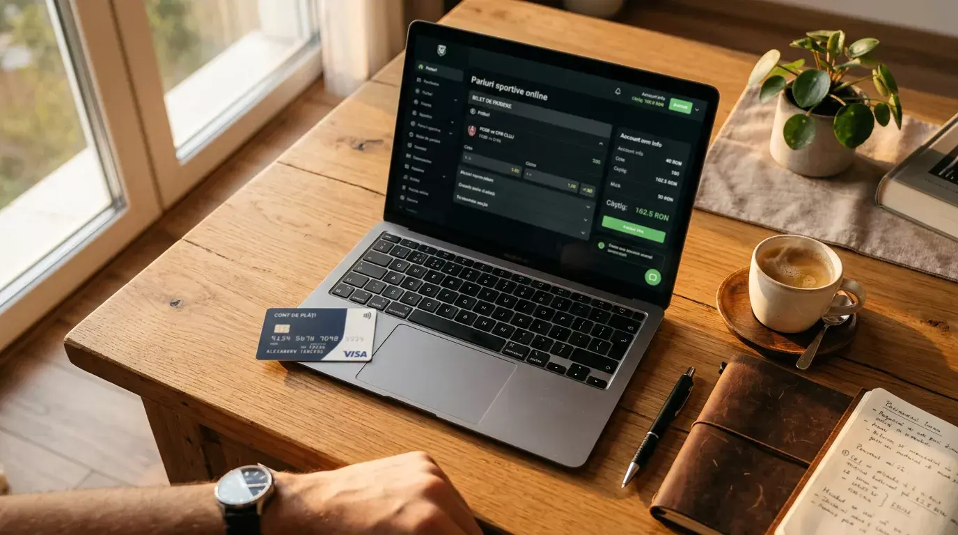 Card Visa pe masă lângă laptop deschis cu site de pariuri ONJN, lumină caldă de seară