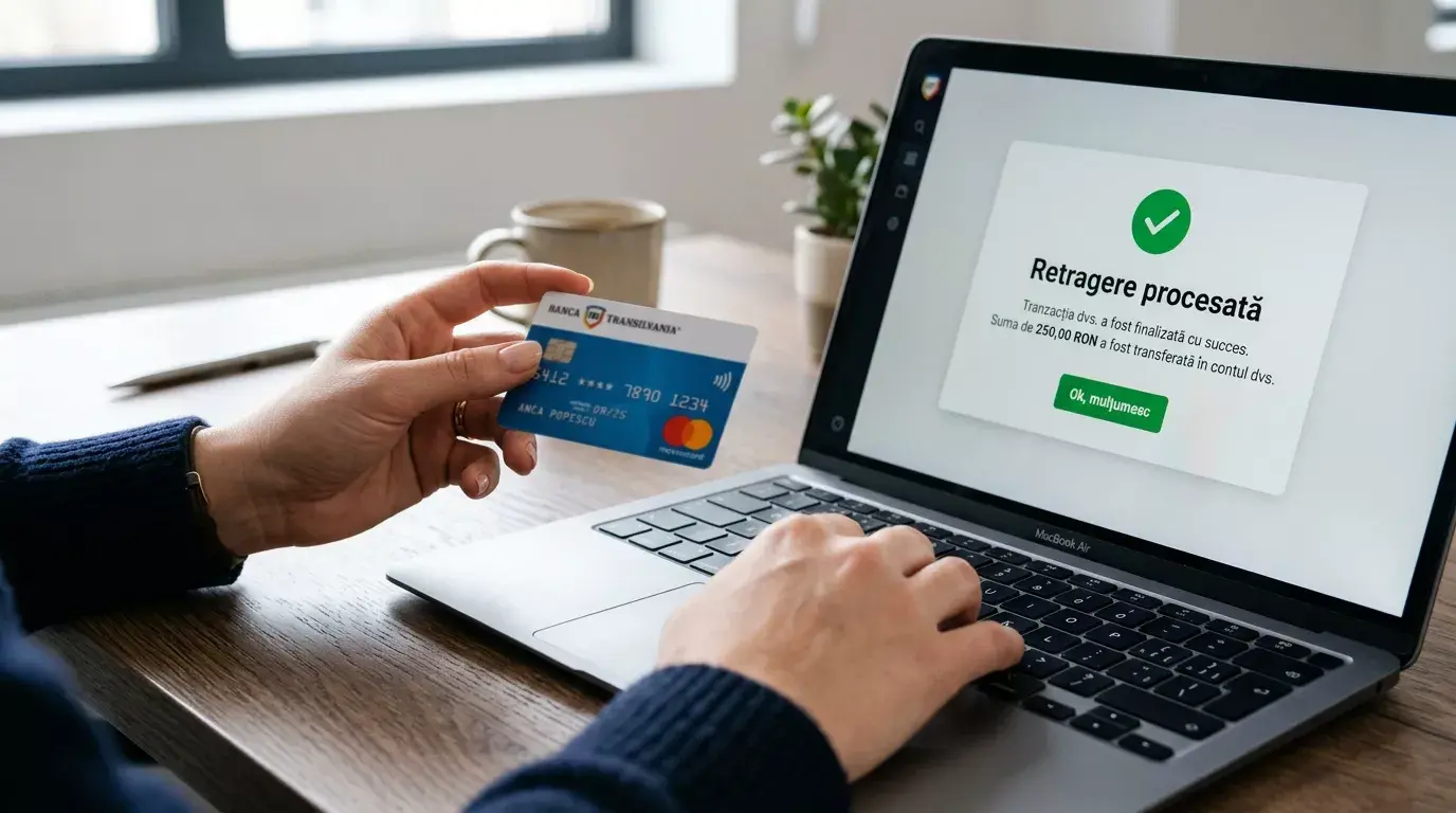 Mâini care țin un card Visa lângă un laptop, ecran cu confirmare de plată instantanee