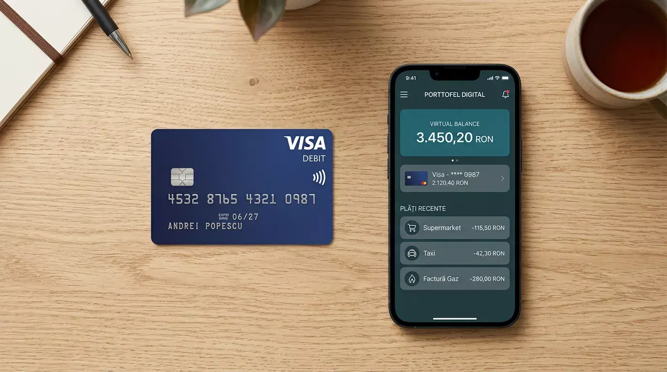 Comparație vizuală între cardul Visa și logo-ul Skrill cu accent pe viteza retragerii