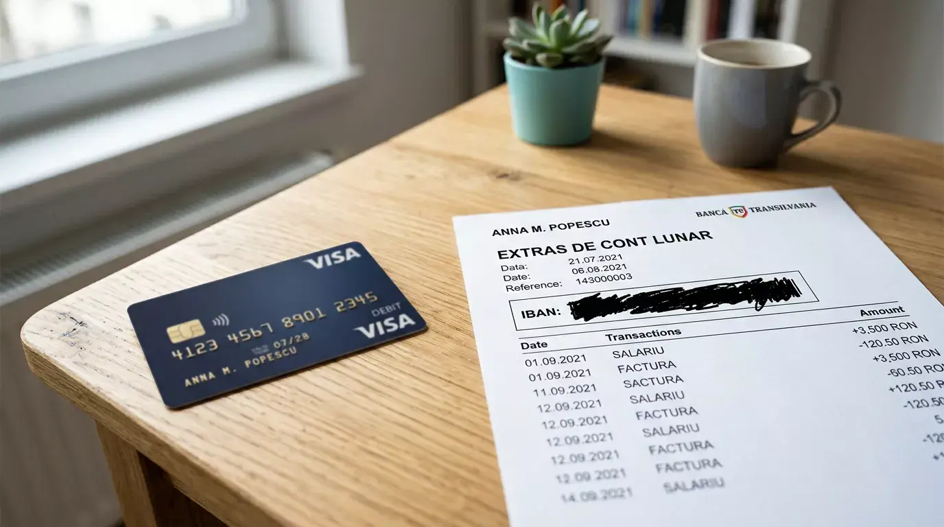 Comparație vizuală între cardul Visa și un IBAN cu pictogramă SEPA pentru transfer bancar